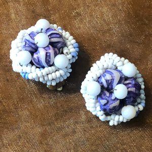 White & Lavender Beaded Clip On Earrings